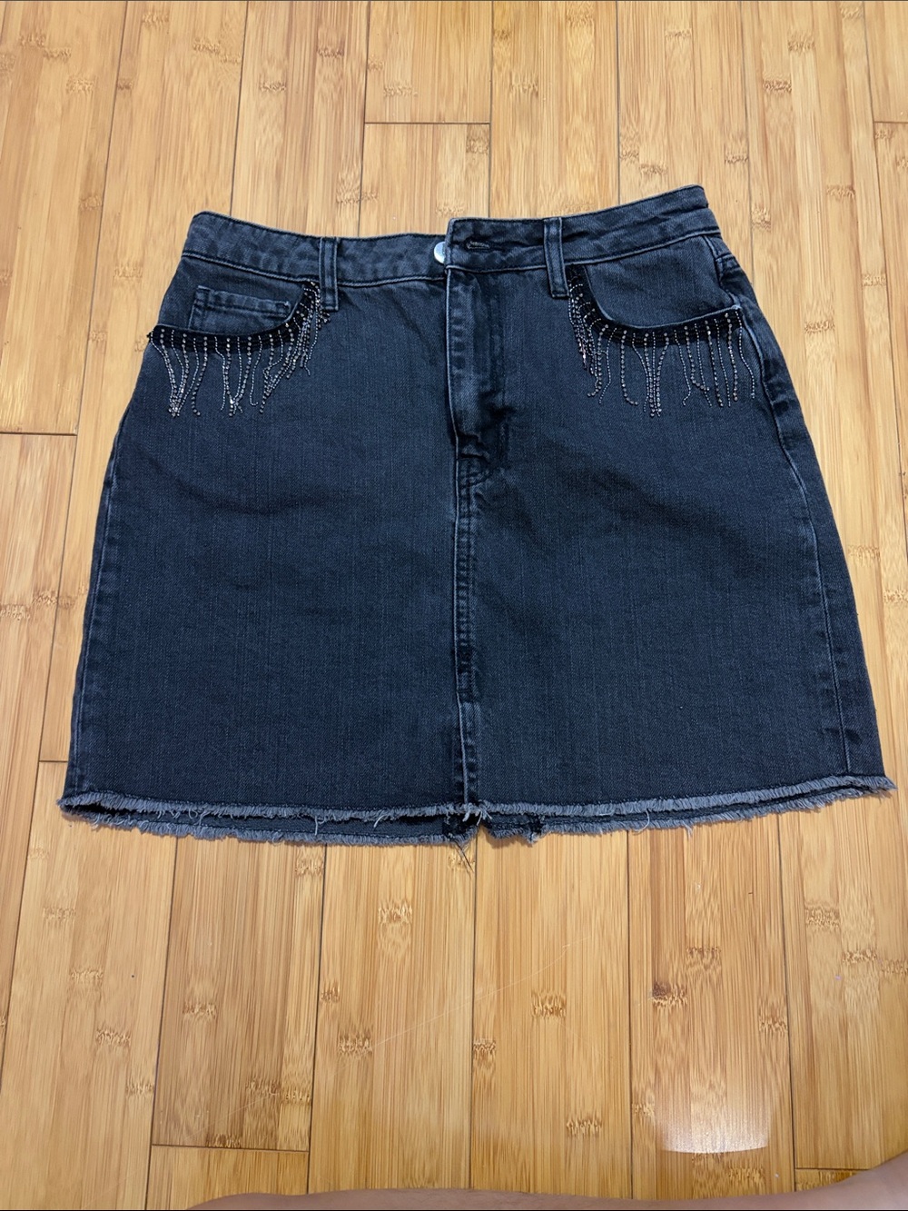 Francesca's Collections Black Denim Mini Skirt with Beaded Fringe